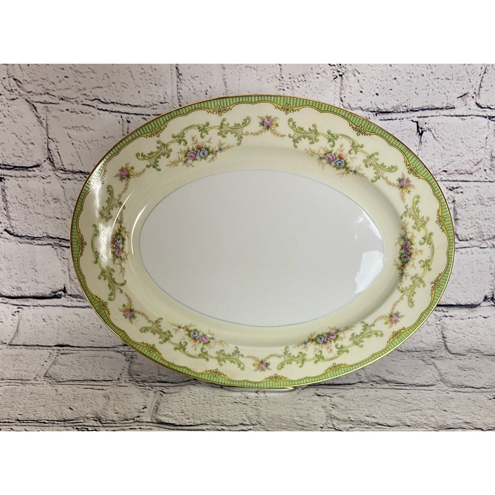 Marlene Noritake Oval 11 1/2" Serving Bowl Platter Green Border Floral Sprays